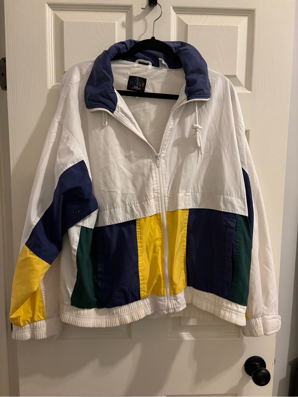 Source Unknown White Colorblock Bomber Jacket with Navy, Yellow & Green